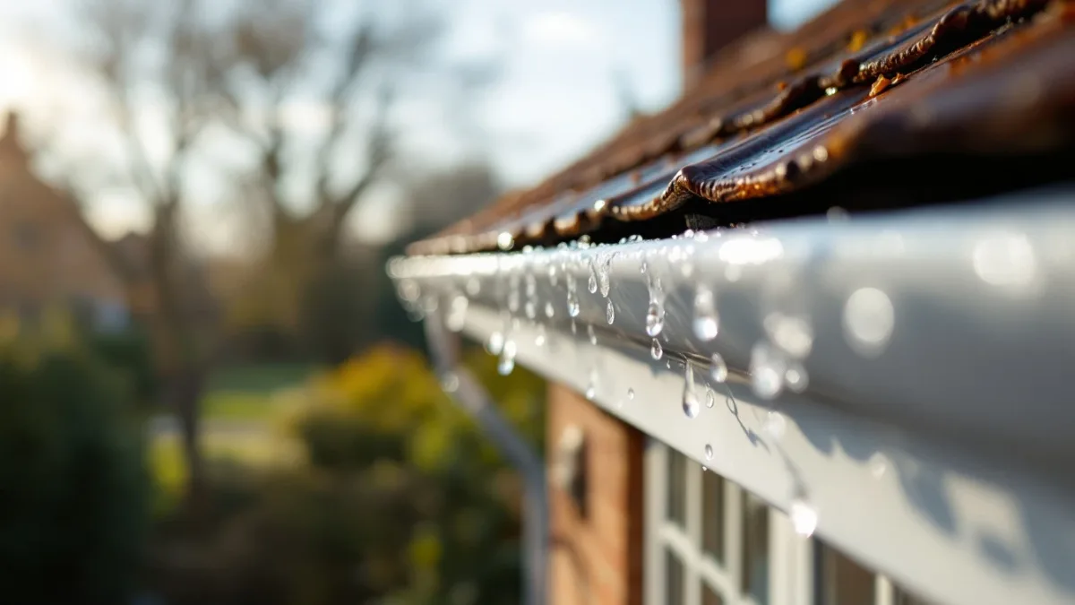 Close-up of a clean white domestic gutter along the eaves of an English house in warm morning light