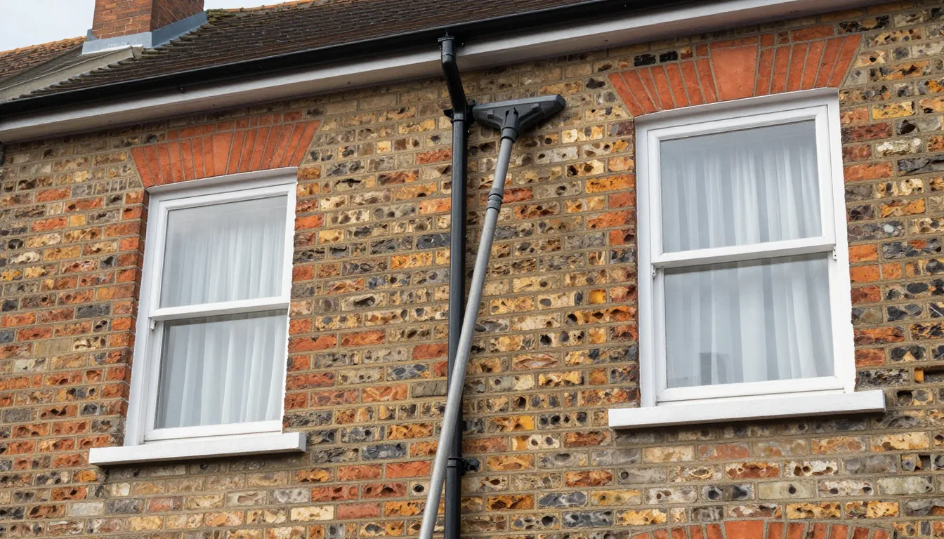 Telescopic pole reaching up to the gutter line of a two-storey brick house from the ground