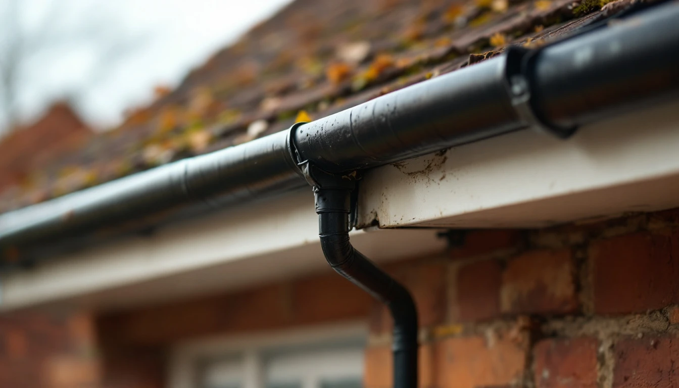 A sagging joint in older guttering on a brick house