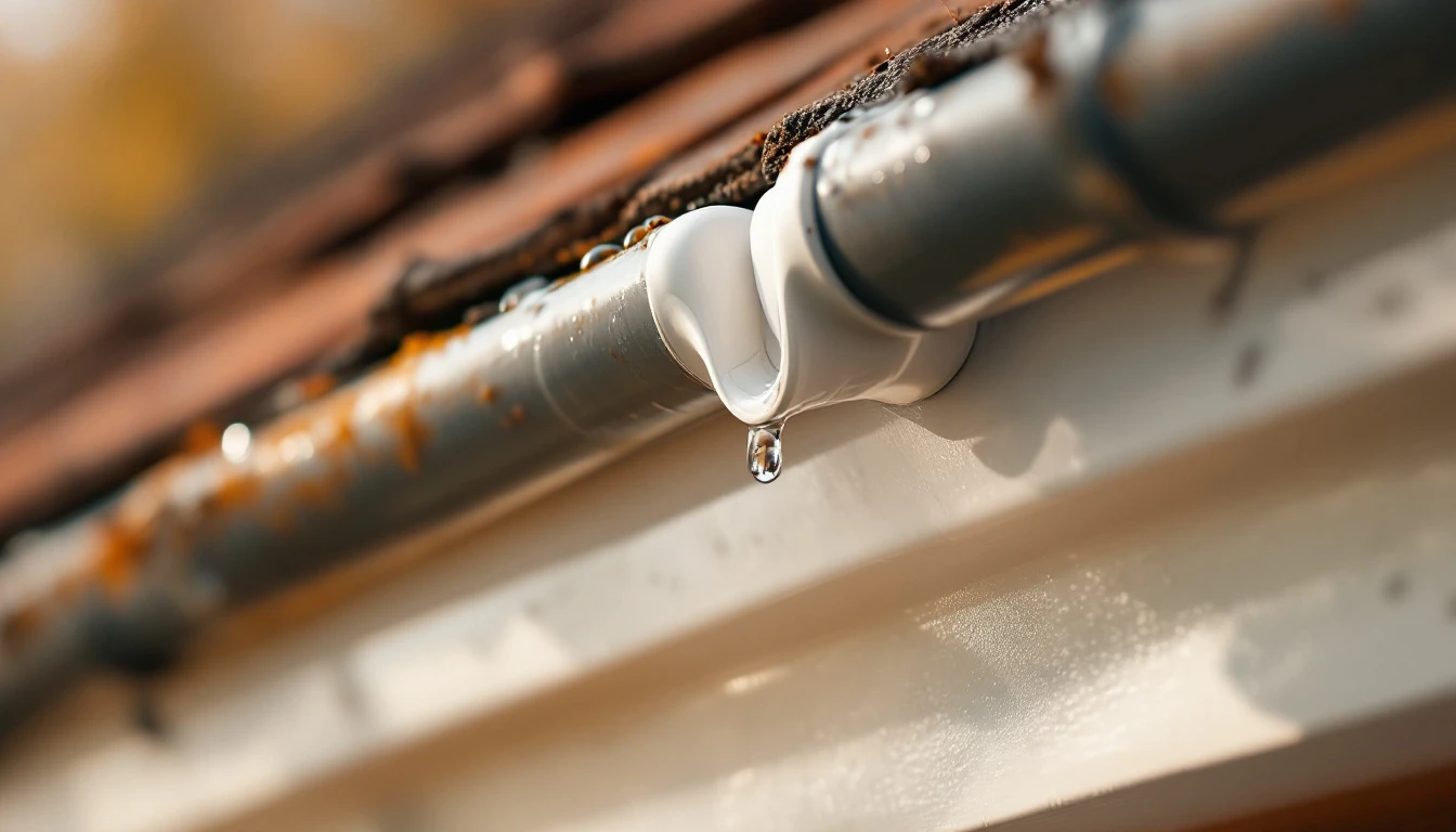 A dripping joint between two sections of white uPVC guttering on a house